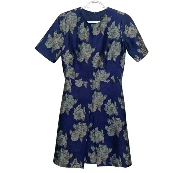 S Pearl Fitted Dress Blue w Silver Roses Size 4 - Picture 1 of 5